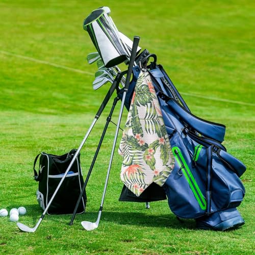 Pink Flower in Green Tropical Golf Towel for Golf's Bags Botanical Plant Golf Towels with Clip Floral Blossoms Waffle Towels Summer Flowers Cleaning Cloth 2 Packs for Men, Birthday Present - color: Pink Green