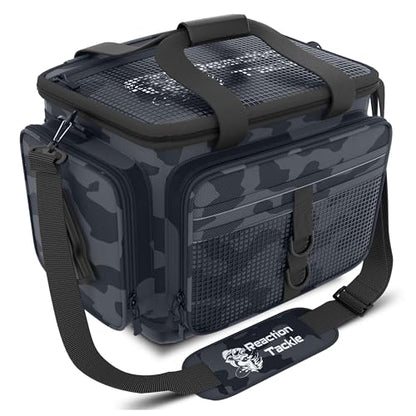 Reaction Tackle Camo Fishing Tackle Bag, Water Resistant Soft Tackle Storage Bag with Removable Dividers for 3600 and 3700 Trays