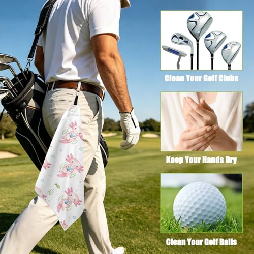 Axolotl Fish White Pattern Magnetic Golf Towel for Golf Bags Microfiber Golf Accessories for Men Women with Carabiner Clip Attaches to Carts and Clubs, 17.7"x17.7"