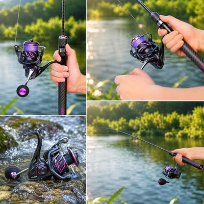 SOUGA Spinning Reel, Black Purple Metal Body Fishing Reel for Bass Pike Freshwater Light Saltwater, 9+1 BB, 5.2:1 Gear Ratio, CNC Aluminum Spool, Foldable Left Right Handle, EVA Knob,Size 1000-4000 - size: 4000