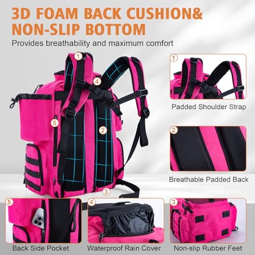Goture Fishing Backpack, 900D Water-Resistant Tackle Backpack with Rod Holders, 58L Large Storage Gear Fishing Tackle Bag with Detachable Crossbody Bag,8 Lure Pockets,Bottle Holder for Camping Hiking - color: Pink