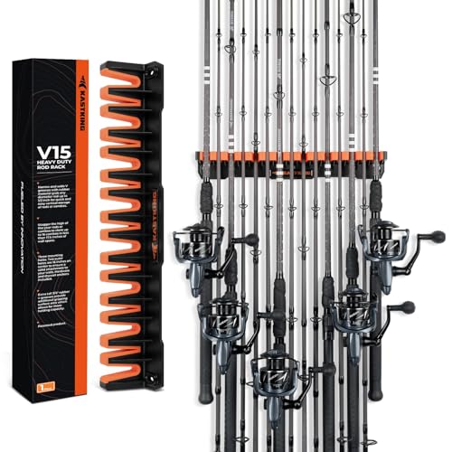 KastKing V15HD Heavy Duty Vertical Fishing Rod Holder – Wall Mounted Fishing Rod Rack, Store 15 Large Rods or Fishing Rod Combos in 18 Inches, Great Fishing Pole Holder and Rack, 1 Pack - color: Black - 1 Pack - Upgraded (Heavy Rod Combo, Store 15 Rods)