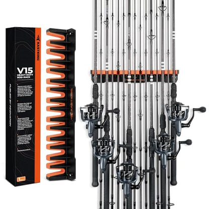 KastKing V15HD Heavy Duty Vertical Fishing Rod Holder – Wall Mounted Fishing Rod Rack, Store 15 Large Rods or Fishing Rod Combos in 18 Inches, Great Fishing Pole Holder and Rack, 1 Pack - color: Black - 1 Pack - Upgraded (Heavy Rod Combo, Store 15 Rods)