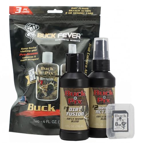 Buck Fever Buck Pix 2,3,4-Piece kit - Synthetic Deer Scent (4 oz Branch Action & 4 oz Dirt Fusion) for Whitetail & Mule - Non-Spoiling Deer Attractant for Outdoor Trail Camera - size: 3 - Piece Combo