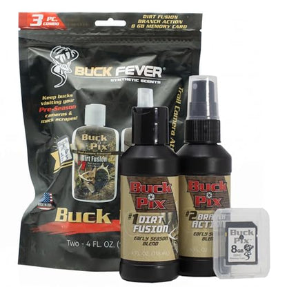 Buck Fever Buck Pix 2,3,4-Piece kit - Synthetic Deer Scent (4 oz Branch Action & 4 oz Dirt Fusion) for Whitetail & Mule - Non-Spoiling Deer Attractant for Outdoor Trail Camera - size: 3 - Piece Combo