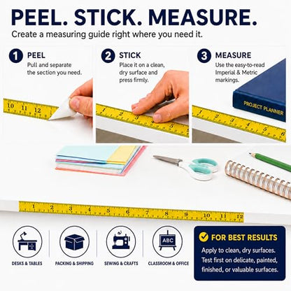 ChromaLabel Adhesive Measuring Tape, 1 Inch x 13.9 Yards, Yellow | Peel and stick ruler tape with removable adhesive and Imperial/Metric markings for sewing and crafts. Made in USA - color: Yellow, size: 1" Wide