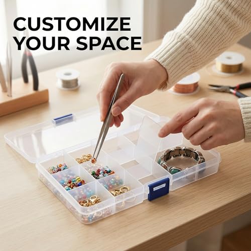Fishing Tackle Box 15 Compartments Plastic Storage Tray With Removable Dividers, Blue Latch 17x10cm Clear Plastic Organizer Box For Storing Fishing Lures Hooks Jewelry Beads Small Hardware