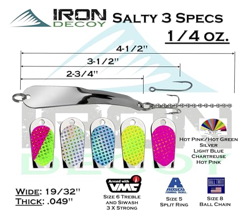 IRON DECOY Salty Fishing Lure Spoon, Saltwater, Casting, Trolling, Jigging, Seatrout, Striped Bass, Mackerel, Snook, Tarpon, Bluefish, Salmon - color: Silver, size: 1/4 OZ