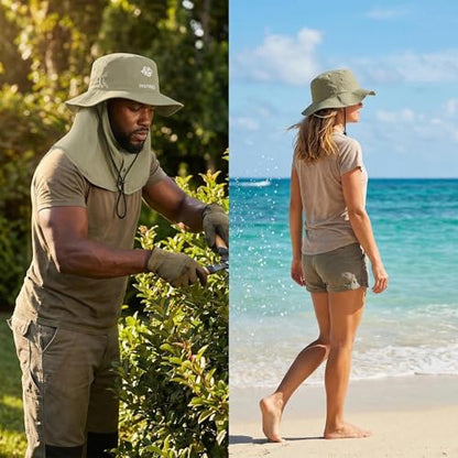 Bucket Hat for Men Women,Waterproof Sun Hat UV Protection with Detachable Face Neck Flap for Outdoors - color: Khaki