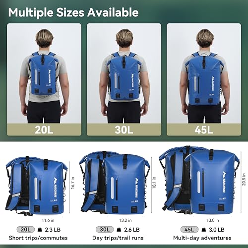 MARCHWAY Roll Top Waterproof Backpack, Floating Dry Bag 20L/30L/45L with Ergonomic Rectangular Base, Cushioned Back, Hip Strap for Hiking Camping Kayaking Travel (Blue, 30L) - color: Blue, size: 30L