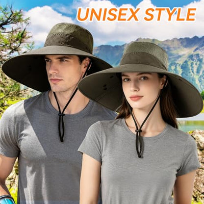 Super Wide Brim Fishing Hat UPF 50+ Sun Safari Hat with Removable Neck Face Flap - color: Army Green