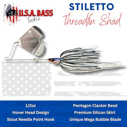 USA BASS Tackle Stiletto Buzzbait Largemouth Smallmouth Spotted Bass Premium Fishing Bait Hover Head Custom Silicon Skirt Mega Bubble Blade Clacker Heavy Duty Hook - color: Threadfin Shad