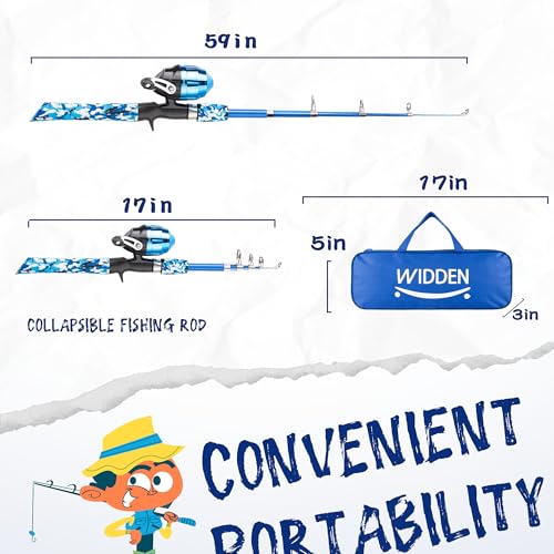 WIDDEN Kids Fishing Pole, Portable Telescopic Kids Fishing Poles for Boys and Girls, Fishing Rod and Reel Combo Kit with Tackle Box, and Fishing Net, Best Fishing Pole for Toddler Youth - color: Pink+Blue+Green
