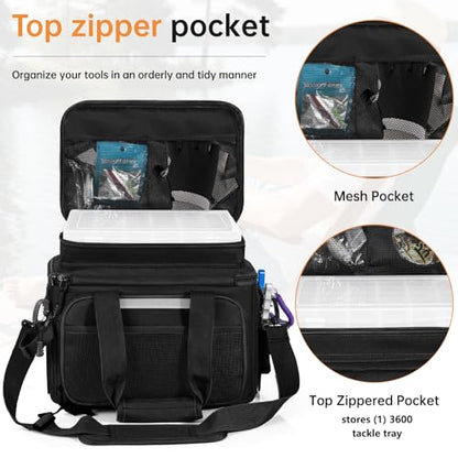 Fishing Tackle Bags with 4 * 3600 Tackle Trays - Saltwater & Freshwater Fishing Gear Bag Padded Shoulder Strap Tackle Box Bag (Black) - color: Black, style: Includes Trays