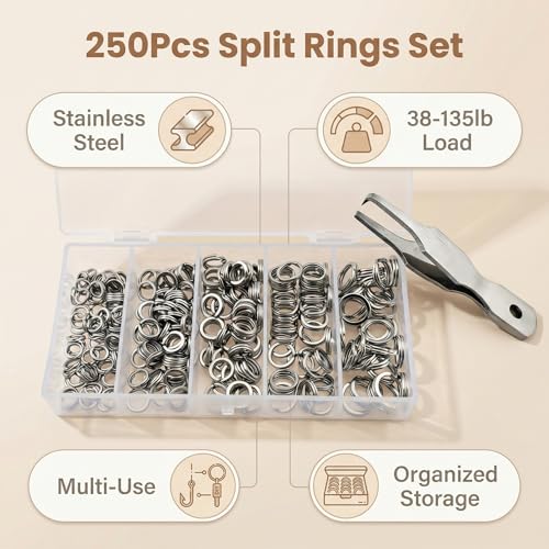 Fishing Split Rings Kit: 250pcs Heavy Duty Steel Fishing Lure Making Ring Fishing Hook Connector Tackle - color: Silver Split Mini Plier Set