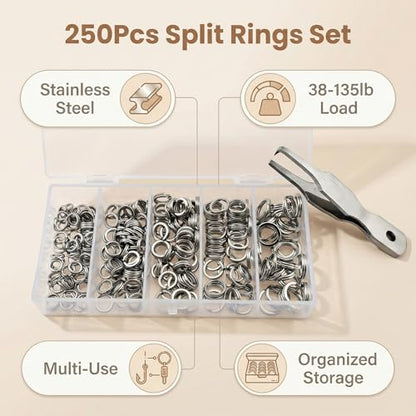 Fishing Split Rings Kit: 250pcs Heavy Duty Steel Fishing Lure Making Ring Fishing Hook Connector Tackle - color: Silver Split Mini Plier Set