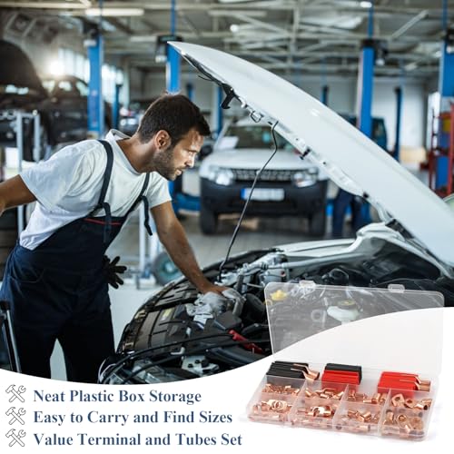 PEASUG Copper Wire Lugs 130Pcs, AWG 2 4 6 8 10 12 Gauge Battery Cable Ends with 66Pcs Heat Shrink Tubing Set, 64Pcs Ring Terminals Connectors Assortment Kit for Marine, Automotive, Cables, Appliances