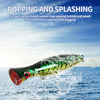 Large Top Water Popper Lure: 2pcs 3D Eyes Tuna Popper Saltwater Fishing Lures for Surf Fishing Gt Tuna Kingfish Large Predator Fish - color: Multi color