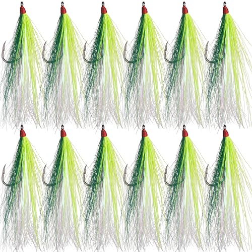 Bucktail Teasers Fishing Hooks Saltwater Flounder Rig Bucktail Mylar Teasers Inserted Fishing Teaser Hooks for Jigs Spoons Lures Hi/Lo Rig Striped Bass Bluefish Flounder Surf Bottom Fishing - color: Yellow-green, size: 12pcs