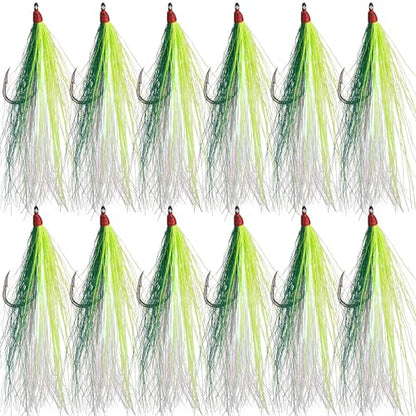 Bucktail Teasers Fishing Hooks Saltwater Flounder Rig Bucktail Mylar Teasers Inserted Fishing Teaser Hooks for Jigs Spoons Lures Hi/Lo Rig Striped Bass Bluefish Flounder Surf Bottom Fishing - color: Yellow-green, size: 12pcs