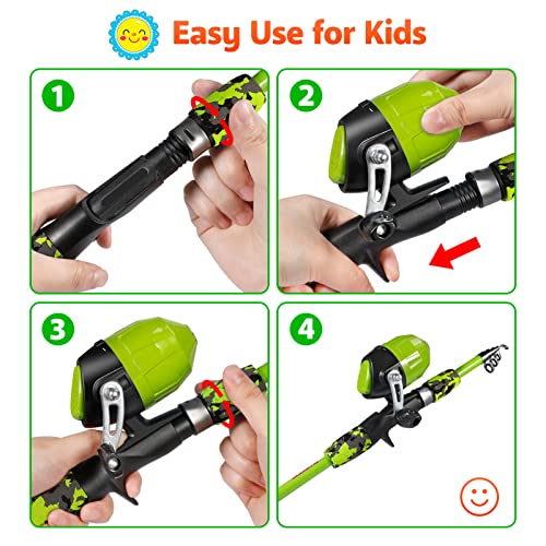 PLUSINNO Kids Fishing Pole with Spincast Reel Telescopic Fishing Rod Combo Full Kits for Boys, Girls, and Adults - color: Green, size: 4FT / 1.2M