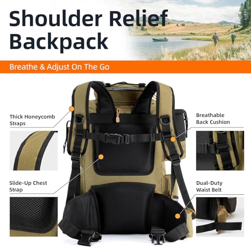 Ghosthorn Fishing Tackle Backpack with 4 3600 Tackle Boxes Rod Holder Outdoor 43L Large Bag with Detachable Wasit Bag Storage Fishing Gear and Equipment Waterproof - color: With 3600*4 Khaki (43l)