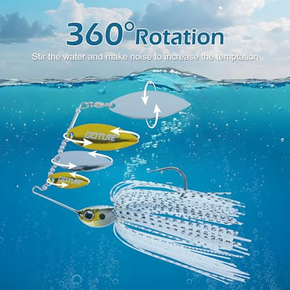 Goture Spinner Baits, Hard Metal Spinnerbaits Kit with 4 Spinner Blades, Spare Skirts Replacement, Buzzbait Spinnerbaits Fishing Lures for Bass Trout Pike Salmon Walleye Freshwater Saltwater - color: A1:2pcs(White & Gold), size: 10g 3/8oz
