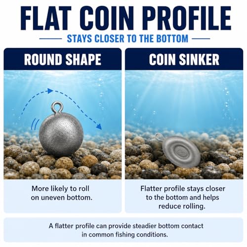 No Roll Disc Sinkers Fishing Weights, Coin Sinkers with Metal Eye, Flat Round Lead Weights for Catfish Rigs, Surf, Pier, Bottom, Saltwater & Freshwater Fishing - size: 20 Pcs / 4 Sizes