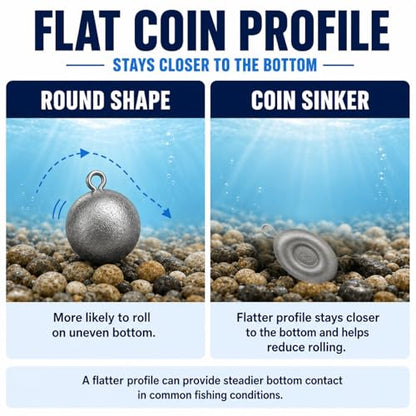 No Roll Disc Sinkers Fishing Weights, Coin Sinkers with Metal Eye, Flat Round Lead Weights for Catfish Rigs, Surf, Pier, Bottom, Saltwater & Freshwater Fishing - size: 20 Pcs / 4 Sizes