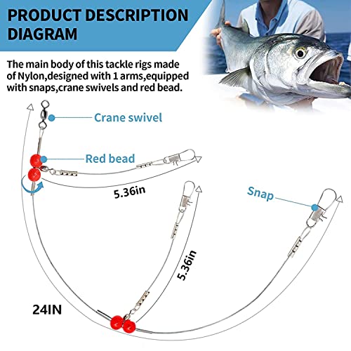 YOTO Fishing Leaders,Stainless Steel Tackle Rig with Tackle Lure Swivels Snaps, Saltwater rig Wire Leader Fishing Leader Wire Bottom rigs for Saltwater - color: White Fishing Leaders, style: 2arm-24pcs
