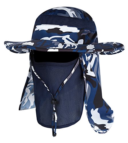 YR.Lover Outdoor UV Sun Protection Wide Brim Fishing Cap with Removable Flap - color: Blue Camouflage
