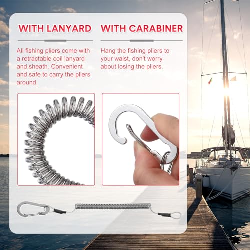 Lasnten 2 Pcs Fishing Pliers Saltwater Braid Cutters 7.8'' Fishing Hook Remover Split Ring Fishing Tools with Sheath and Lanyard Gear Gifts for Fish Line Cutting Boat Fly Ice Fishing (Red, Silver) - color: Red, Silver