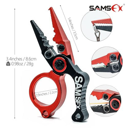SAMSFX Mini Fishing Pliers with Fly Fishing Zinger Retractor, Fish Hook Remover Tool, Split Ring Pliers for Saltwater & Freshwater, Tungsten Carbide Cutters, Fishing Gear Gift for Anglers - color: Red