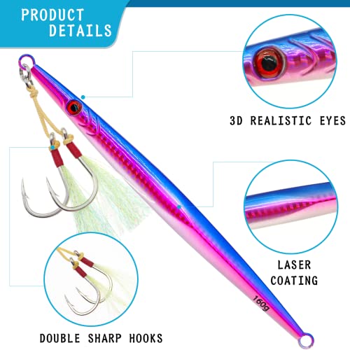 3pcs Saltwater Vertical Fishing Jigs Metal Jigging Spoon | Speed Fast Deep Sea Jigging Fishing Lures Luminous Lead Jigs with Assist Hooksfor Tuna Bass Dogtooth Grouper(5.29oz/5.64oz) - color: C-speed fast sinking fishing jigs 5.64oz