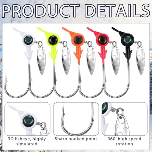 115 Pcs Crappie Jig Heads Lures Kit Underspin Crappie Jig Heads with Spinners Blade and Eye Ball Worm Baits for Saltwater & Freshwater 1/8oz 1/5oz 1/4oz