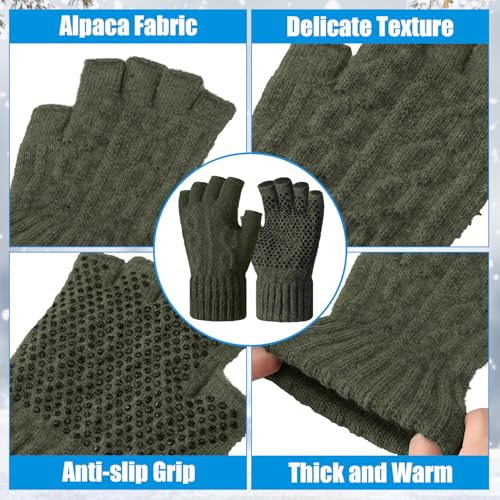 Geyoga 2 Pairs Wool Fingerless Fishing Gloves for Men Women Anti-Slip with Grip Dots Warm Winter Fly Ice Fishing Gloves - color: Black and Green, style: Fingerless