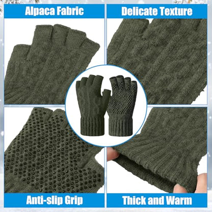 Geyoga 2 Pairs Wool Fingerless Fishing Gloves for Men Women Anti-Slip with Grip Dots Warm Winter Fly Ice Fishing Gloves - color: Black and Green, style: Fingerless