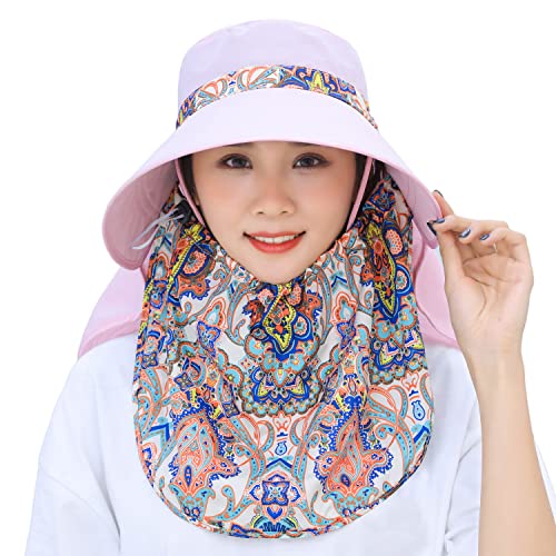 Women Wide Brim Face Mask Sun Hat Detachable Neck Face Flap Ponytail UV Protection Visor Hat Garden Fishing Hiking - color: M9099-xueyafen