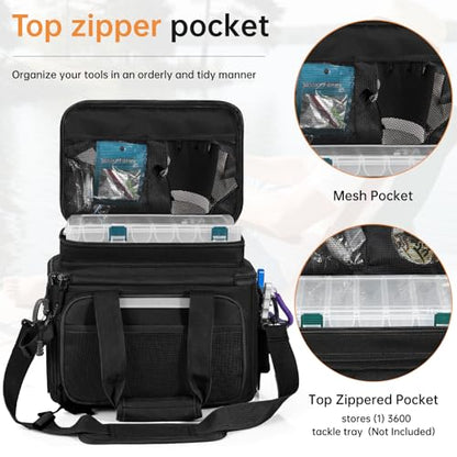 Fishing Tackle Bag - Holds 3400-3600 Size Tackle Boxes -Saltwater & Freshwater Fishing Bags - Padded Shoulder Strap Fishing Bags (Black) (Bag Only) - color: Black, style: Bag Only