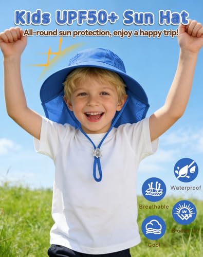 Rosoz Kids Sun Hat with Neck Flap UV Protection Summer Toddler Beach Hat Unisex Ponytail Hat Wide Brim Fishing Hat - color: Sapphire Blue +White