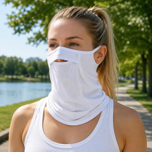 Sun Protection Face Mask with Neck Cover, Cooling Breathable Ear Loop Neck Gaiter for Fishing Cycling Running - color: White
