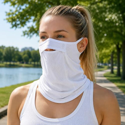 Sun Protection Face Mask with Neck Cover, Cooling Breathable Ear Loop Neck Gaiter for Fishing Cycling Running - color: White