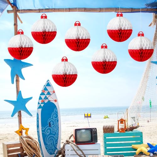 Fourluoo 12 Pcs Gone Fishing Party Decorations Fishing Bobbers Floats Honeycomb Ball for Fishermen Party Supplies Bobber Paper Hanging Ceiling Sign for Birthday Baby Shower Decor(Red,7.9 x 9 Inch) - size: 7.9 x 9 Inch