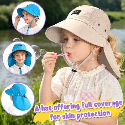 Kids Sun Hat with Detachable Neck Flap for Boys & Girls Wide Brim Fishing Hat for Kids Water Resistant UV Protection - color: 1 Pack-beige