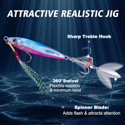 Goture Fishing Jigs, 40g 60g Vertical Jig Saltwater Freshwater, Jig Fishing Lures with Assist Hooks and Treble Hook, Jigging Spoon Lures for Tuna, Salmon,Striped Bass, Grouper Snapper,Kingfish - color: A1:3pcs Fishing Jigs, size: 2.12oz/60g