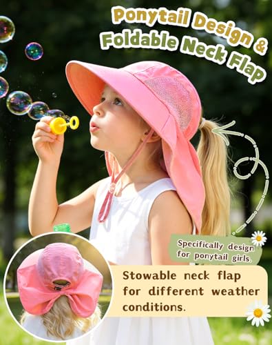 Rosoz Kids Sun Hat with Neck Flap UV Protection Summer Toddler Beach Hat Unisex Ponytail Hat Wide Brim Fishing Hat - color: Light Pink+white