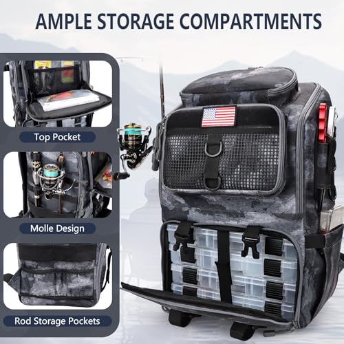 Fishing Backpack with Rod Holders, Ultimate Tackle Box Bakpack for Men, 42L Large Tackle Bag Store Fishing Gear