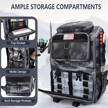 Fishing Backpack with Rod Holders, Ultimate Tackle Box Bakpack for Men, 42L Large Tackle Bag Store Fishing Gear