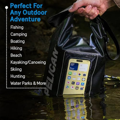 Pelican Marine IP68 Waterproof Dry Bag 5L with Phone Pouch/Case - Black | Roll Top Waterproof Backpack with Touchscreen Phone Pouch - Swimming, Kayaking, Camping, Rafting, Fishing & Travel Essentials - color: Stealth Black, size: 5L