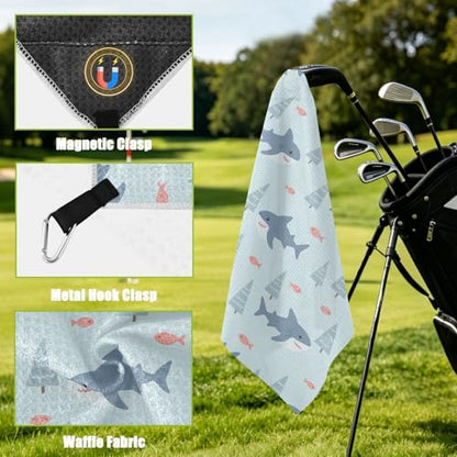 Sharks Fish Tree Blue Print Magnetic Golf Towel for Golf Bags Microfiber Golf Essentials for Men Women with Carabiner Clip Attaches to Clubs and Carts, 17.7"x17.7"